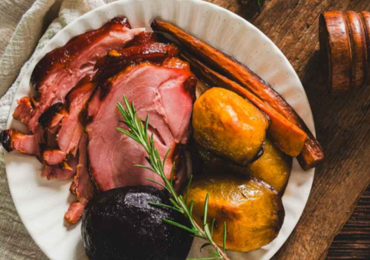 Maple-Glazed Mangalitsa Ham with Roasted Root Vegetables